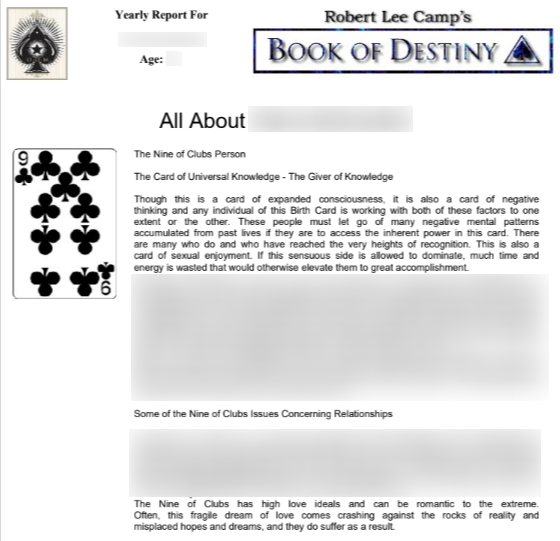 Sample yearly Destiny Cards report