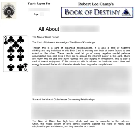 Sample yearly Destiny Cards report